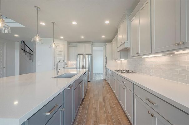Interior, Kitchen, Pendant Lights, Recessed Lighting, Stainless Steel Appliances, Wood Texture Flooring