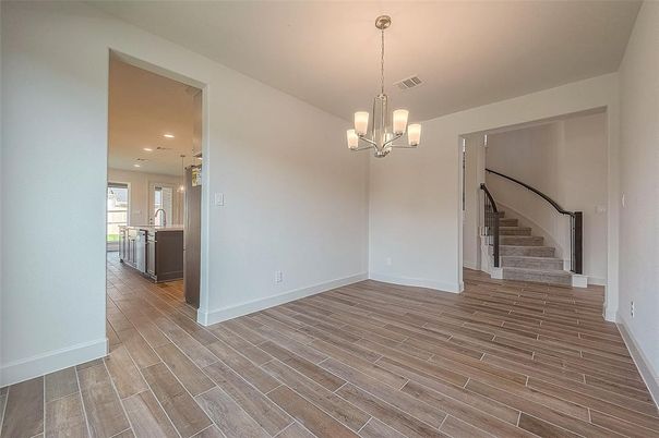 Chandelier, Empty room, Interior, Kitchen, Pendant Lights, Recessed Lighting, Wood Texture Flooring