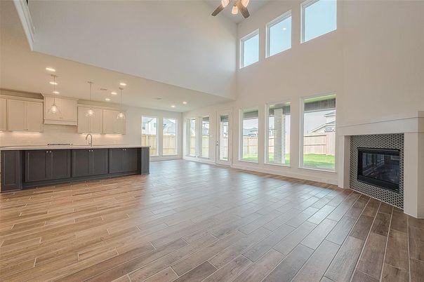 Fireplace, Interior, Kitchen, Pendant Lights, Recessed Lighting, Wood Texture Flooring