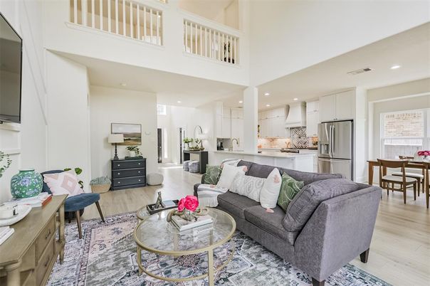 Dining room, Interior, Kitchen, Living room, Recessed Lighting, Stainless Steel Appliances, Wood Texture Flooring