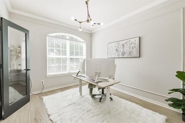 Chandelier, Home Office, Interior, Pendant Lights, Wood Texture Flooring