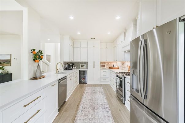 Interior, Kitchen, Recessed Lighting, Stainless Steel Appliances, Wood Texture Flooring