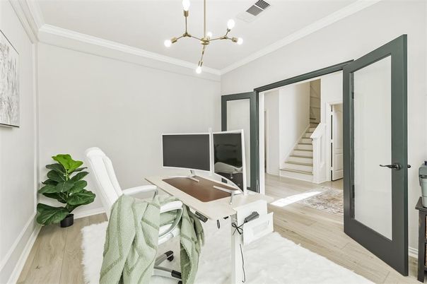 Home Office, Interior, Pendant Lights, Wood Texture Flooring