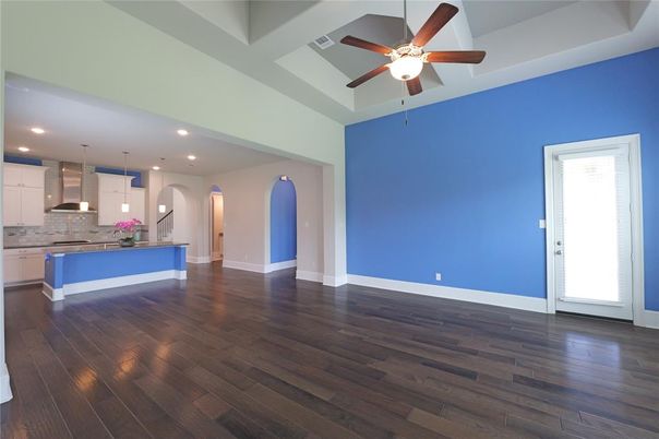 Empty room, Interior, Kitchen, Pendant Lights, Recessed Lighting, Wood Texture Flooring