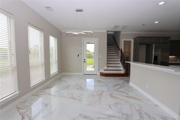 Interior, Kitchen, Marble, Pendant Lights, Recessed Lighting, Stainless Steel Appliances