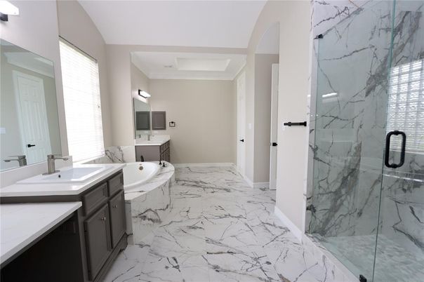 Bathroom, Dual Sink Vanities, Glass Shower, Interior, Marble, Marble Walls