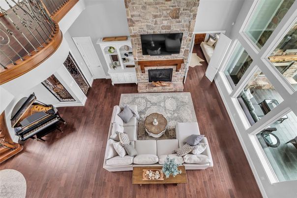 Fireplace, Interior, Living room, Piano, Stone Walls, Wood Texture Flooring