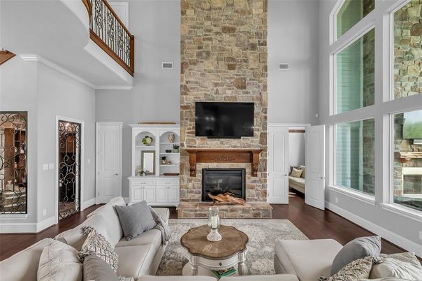 Fireplace, Interior, Living room, Stone Walls, Wood Texture Flooring