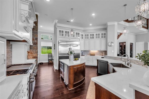 Chandelier, Interior, Kitchen, Pendant Lights, Recessed Lighting, Stainless Steel Appliances, Wood Texture Flooring