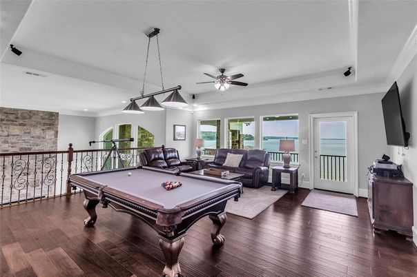 Billiard Table, Game Room, Interior, Living room, Pendant Lights, Recessed Lighting, Stone Walls, Wood Texture Flooring