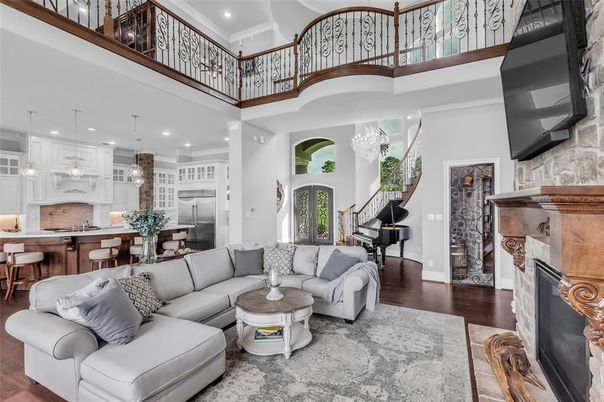 Dining room, Fireplace, Interior, Kitchen, Living room, Pendant Lights, Piano, Recessed Lighting, Stone Walls, Wood Texture Flooring