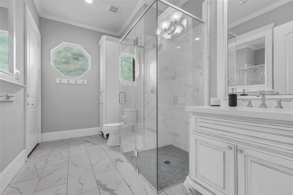 Bathroom, Glass Shower, Interior, Marble, Marble Walls, Recessed Lighting