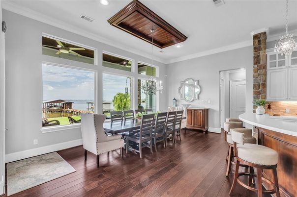 Dining room, Interior, Pendant Lights, Recessed Lighting, Water, Wood Texture Flooring