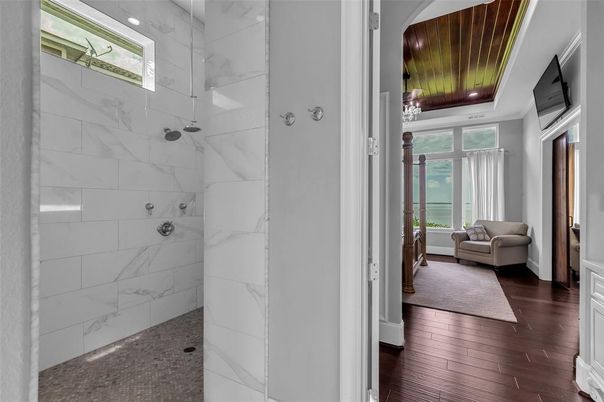 Bathroom, Interior, Marble Walls, Recessed Lighting, Wood Texture Flooring