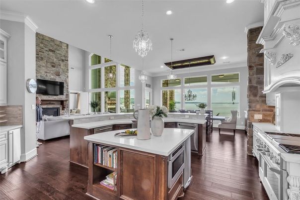 Dining room, Fireplace, Interior, Kitchen, Living room, Pendant Lights, Recessed Lighting, Stone Walls, Wood Texture Flooring