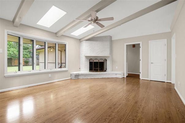 Empty room, Fireplace, Interior, Stone Walls, Wood Texture Flooring