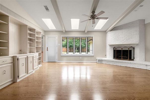 Empty room, Fireplace, Interior, Stone Walls, Wood Texture Flooring