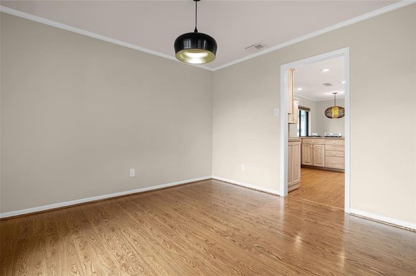 Empty room, Interior, Kitchen, Pendant Lights, Recessed Lighting, Wood Texture Flooring