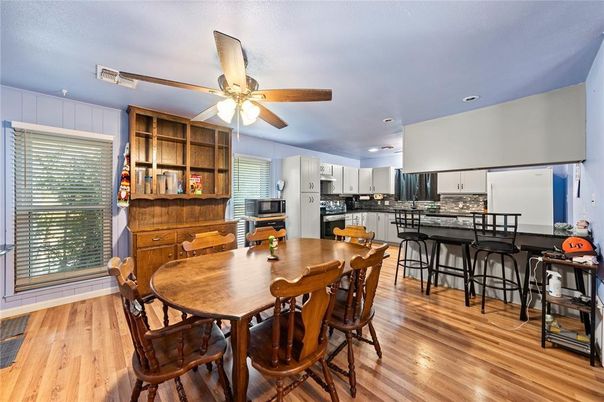 Dining room, Interior, Kitchen, Recessed Lighting, Wood Texture Flooring