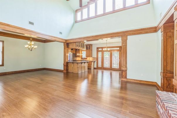 Chandelier, Empty room, Interior, Kitchen, Pendant Lights, Wooden Beams, Wood Texture Flooring