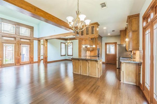 Chandelier, Empty room, Interior, Kitchen, Pendant Lights, Recessed Lighting, Wooden Beams, Wood Texture Flooring