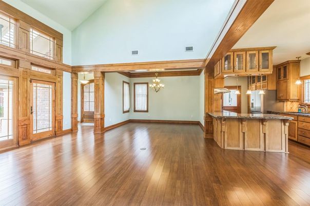 Chandelier, Empty room, Interior, Kitchen, Wood Texture Flooring