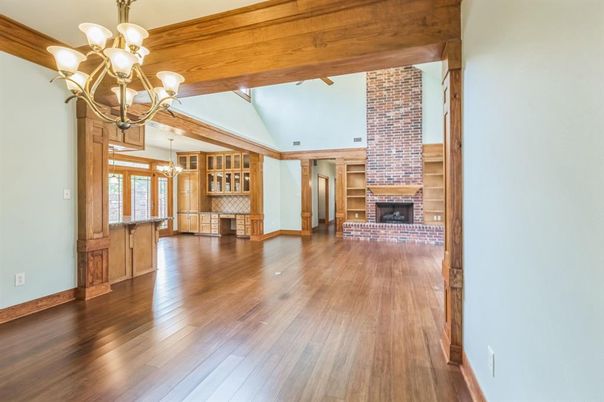 Chandelier, Empty room, Fireplace, Interior, Wooden Beams, Wood Texture Flooring