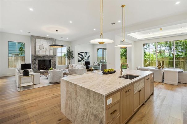 Fireplace, Interior, Kitchen, Living room, Pendant Lights, Recessed Lighting, Wood Texture Flooring