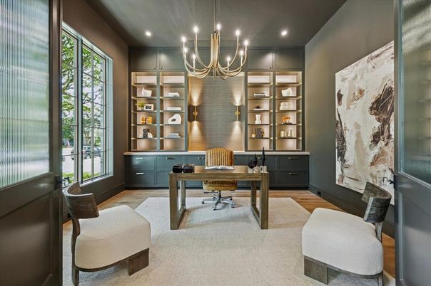 Chandelier, Home Office, Interior, Recessed Lighting, Wood Texture Flooring