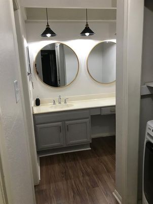 Bathroom, Dual Sink Vanities, Interior, Pendant Lights, Wood Texture Flooring
