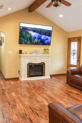 Fireplace, Interior, Recessed Lighting, Wooden Beams, Wood Texture Flooring