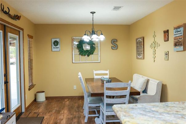 Dining room, Interior, Pendant Lights, Wood Texture Flooring