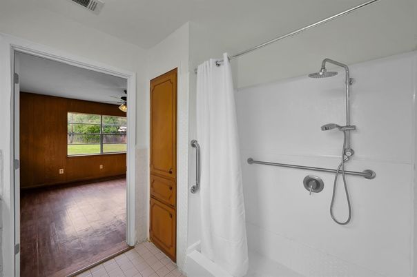 Bathroom, Glass Shower, Interior, Wood Texture Flooring