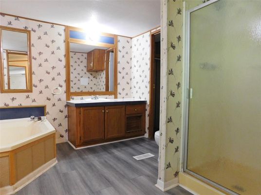 Bathroom, Dual Sink Vanities, Glass Shower, Interior, Wood Texture Flooring