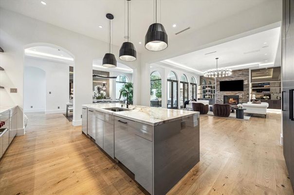 Fireplace, Interior, Kitchen, Living room, Pendant Lights, Recessed Lighting, Wood Texture Flooring