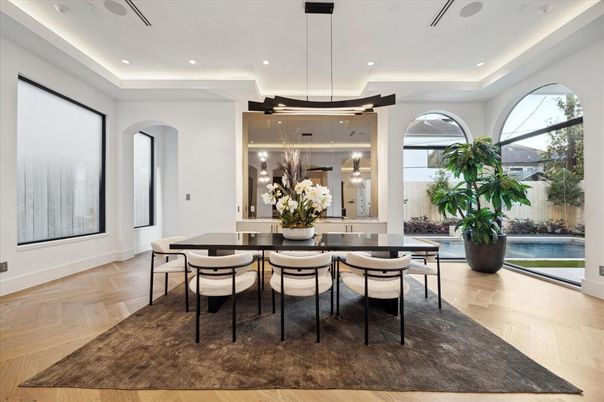 Dining room, Interior, Pendant Lights, Recessed Lighting, Wood Texture Flooring