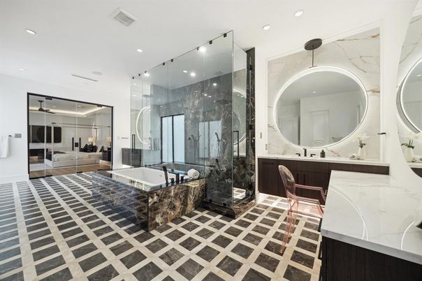 Bathroom, Glass Shower, Interior, Marble Walls, Recessed Lighting