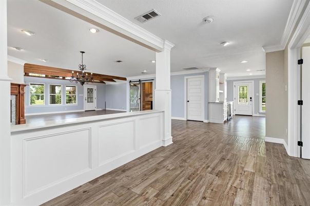 Chandelier, Empty room, Interior, Recessed Lighting, Wood Texture Flooring