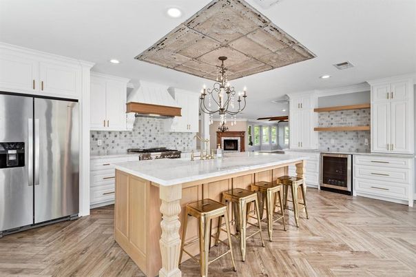 Chandelier, Interior, Kitchen, Recessed Lighting, Stainless Steel Appliances, Wood Texture Flooring