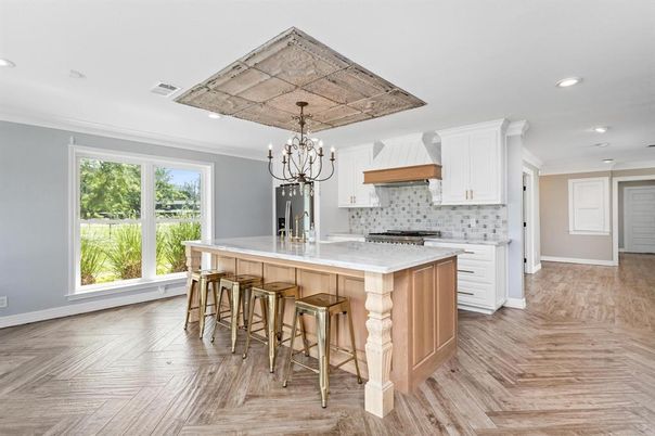 Chandelier, Interior, Kitchen, Recessed Lighting, Stainless Steel Appliances, Wood Texture Flooring