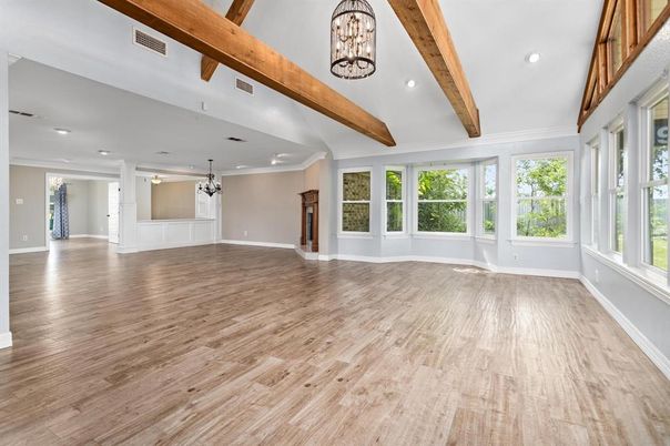 Empty room, Interior, Recessed Lighting, Wooden Beams, Wood Texture Flooring