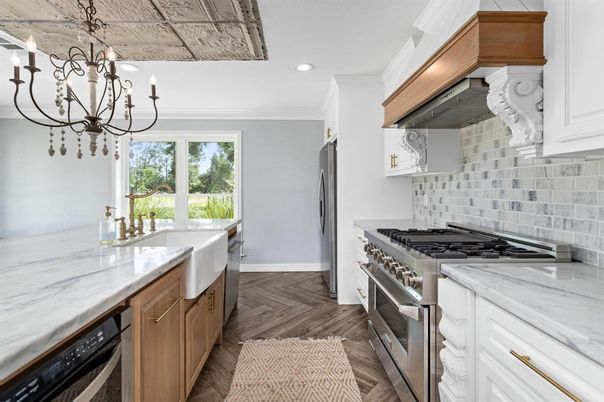 Chandelier, Interior, Kitchen, Recessed Lighting, Stainless Steel Appliances, Wood Texture Flooring