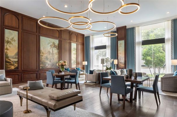 Dining room, Interior, Living room, Pendant Lights, Recessed Lighting, Wood Texture Flooring