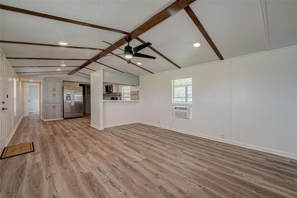 Empty room, Interior, Recessed Lighting, Wooden Beams, Wood Texture Flooring