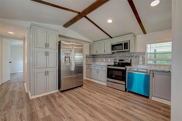 Interior, Kitchen, Recessed Lighting, Stainless Steel Appliances, Wooden Beams, Wood Texture Flooring