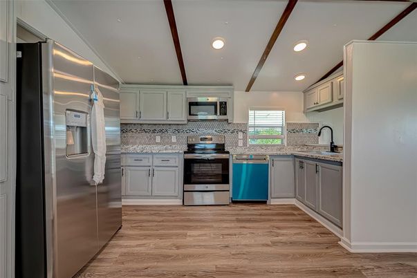 Interior, Kitchen, Recessed Lighting, Stainless Steel Appliances, Wood Texture Flooring