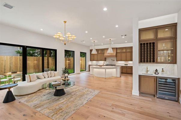 Interior, Kitchen, Living room, Pendant Lights, Recessed Lighting, Stainless Steel Appliances, Wood Texture Flooring
