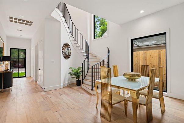 Dining room, Interior, Recessed Lighting, Wood Texture Flooring