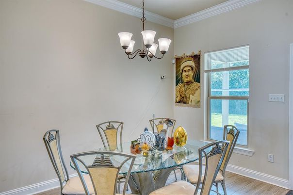 Chandelier, Dining room, Interior, Wood Texture Flooring
