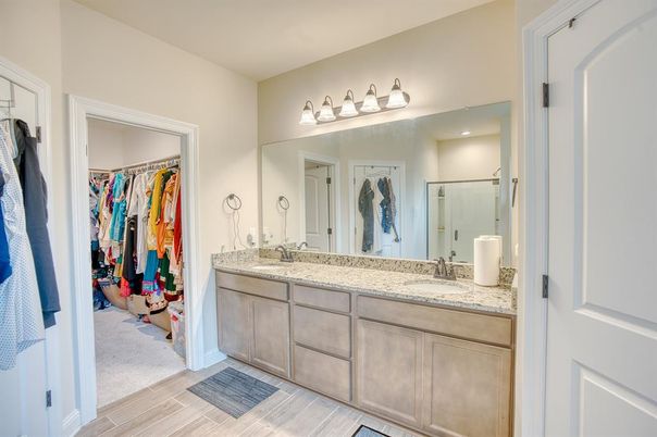 Bathroom, Dual Sink Vanities, Interior, Walk-in Closets, Wood Texture Flooring